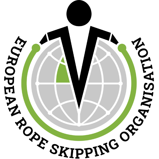 The European Rope Skipping Organisation logo. it is an illustration of a globe with a person on jumping a rope that spans around the globe. Europe is highlighted on the globe. around the logo it says "European Rope Skipping Organisation"